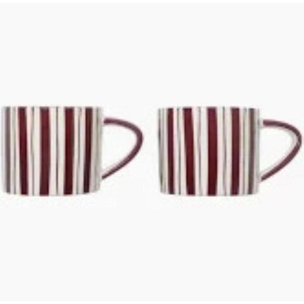Noon & Moon Cherry Lacquer Mugs Coffee Cups Red White Stripe Set of 2 $76 NEW! - Picture 2 of 4